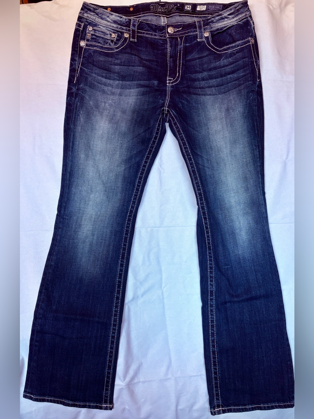 Miss Me Mid Rise Bootcut Jeans Size 34 Dark Wash Embellished Rhinestone Bling